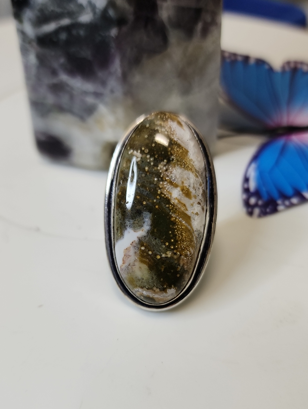 Ocean Jasper Oval Ring in Green and Gold